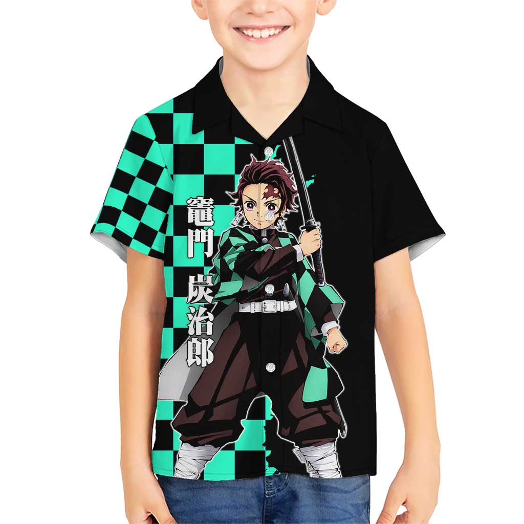 Tanjiro Kamado from Demon Slayer Hawaiian Shirt with Green Black Checkered Pattern and Water Breathing Sword Pose Design - The Mazicc