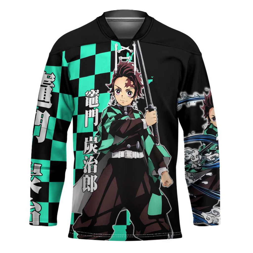 Tanjiro Kamado from Demon Slayer Hockey Jersey with Green Black Checkered Pattern and Water Breathing Sword Pose Design - The Mazicc