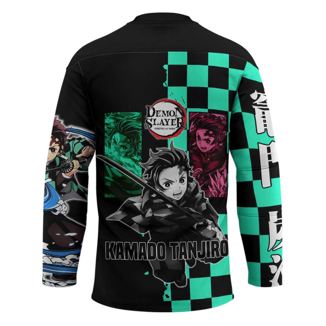 Tanjiro Kamado from Demon Slayer Hockey Jersey with Green Black Checkered Pattern and Water Breathing Sword Pose Design - The Mazicc
