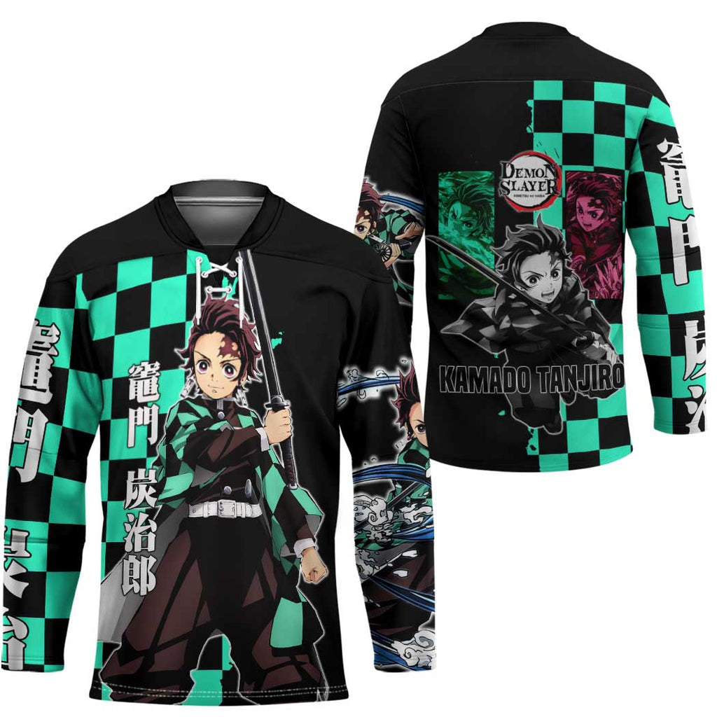 Tanjiro Kamado from Demon Slayer Hockey Jersey with Green Black Checkered Pattern and Water Breathing Sword Pose Design - The Mazicc
