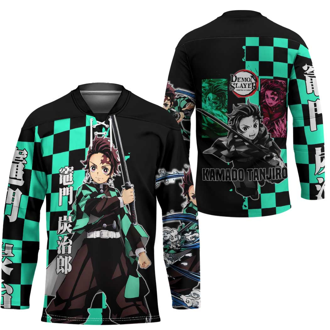 Tanjiro Kamado from Demon Slayer Hockey Jersey with Green Black Checkered Pattern and Water Breathing Sword Pose Design - The Mazicc