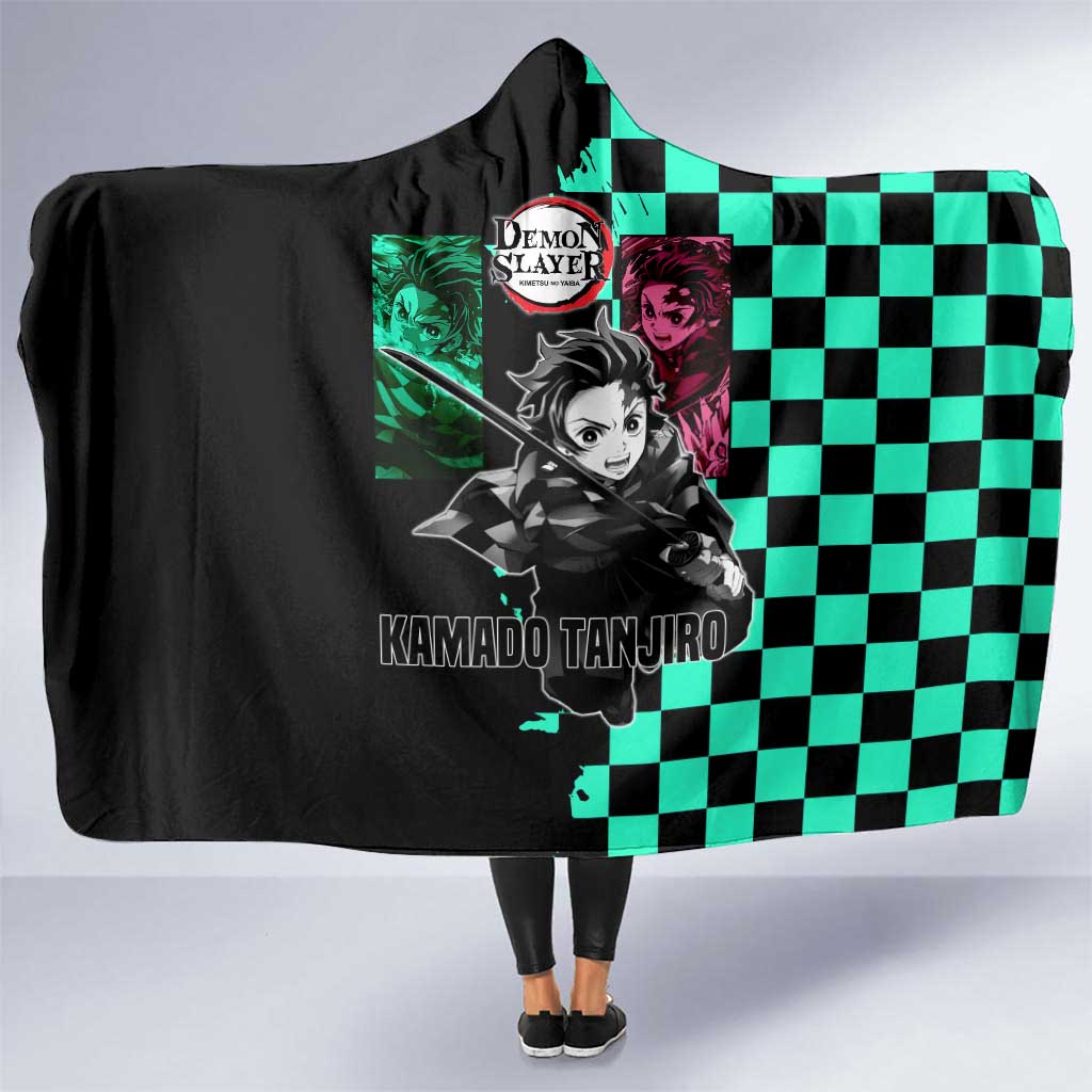 Tanjiro Kamado from Demon Slayer Hooded Blanket with Green Black Checkered Pattern and Water Breathing Sword Pose Design - The Mazicc