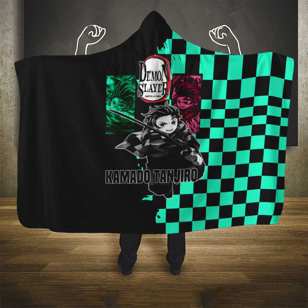 Tanjiro Kamado from Demon Slayer Hooded Blanket with Green Black Checkered Pattern and Water Breathing Sword Pose Design - The Mazicc
