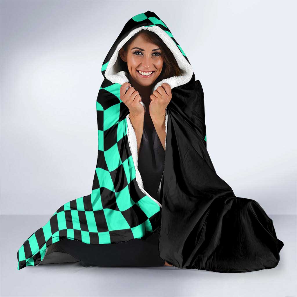 Tanjiro Kamado from Demon Slayer Hooded Blanket with Green Black Checkered Pattern and Water Breathing Sword Pose Design - The Mazicc