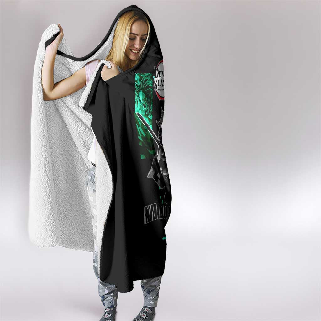 Tanjiro Kamado from Demon Slayer Hooded Blanket with Green Black Checkered Pattern and Water Breathing Sword Pose Design - The Mazicc