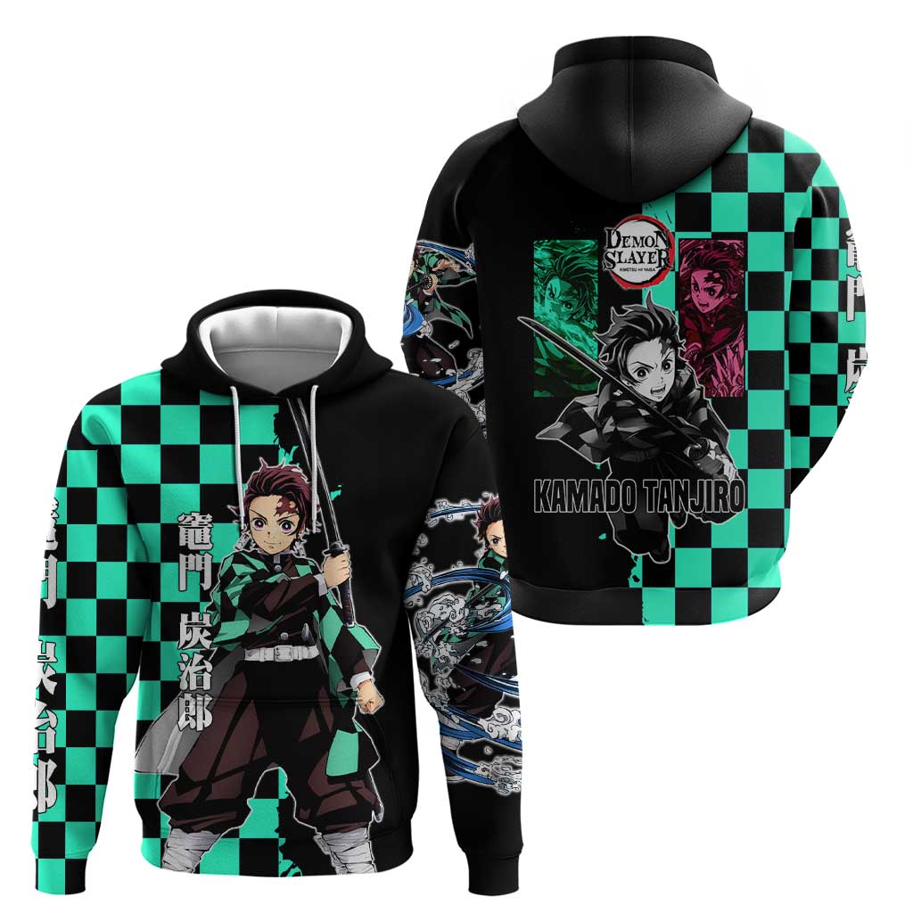 Tanjiro Kamado from Demon Slayer Hoodie with Green Black Checkered Pattern and Water Breathing Sword Pose Design - The Mazicc