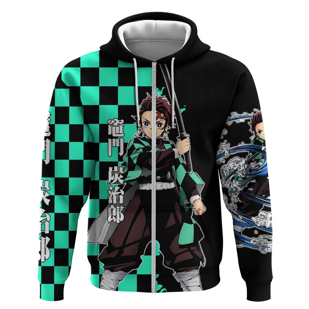 Tanjiro Kamado from Demon Slayer Hoodie with Green Black Checkered Pattern and Water Breathing Sword Pose Design - The Mazicc