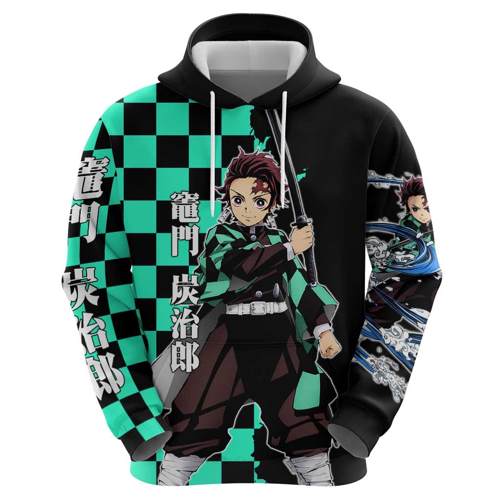 Tanjiro Kamado from Demon Slayer Hoodie with Green Black Checkered Pattern and Water Breathing Sword Pose Design - The Mazicc