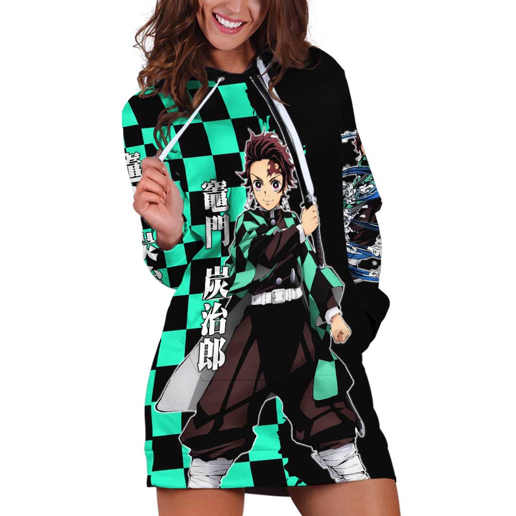 Tanjiro Kamado from Demon Slayer Hoodie Dress with Green Black Checkered Pattern and Water Breathing Sword Pose Design - The Mazicc