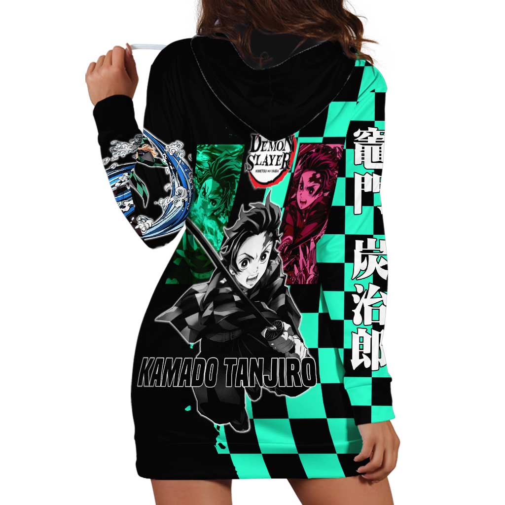 Tanjiro Kamado from Demon Slayer Hoodie Dress with Green Black Checkered Pattern and Water Breathing Sword Pose Design - The Mazicc