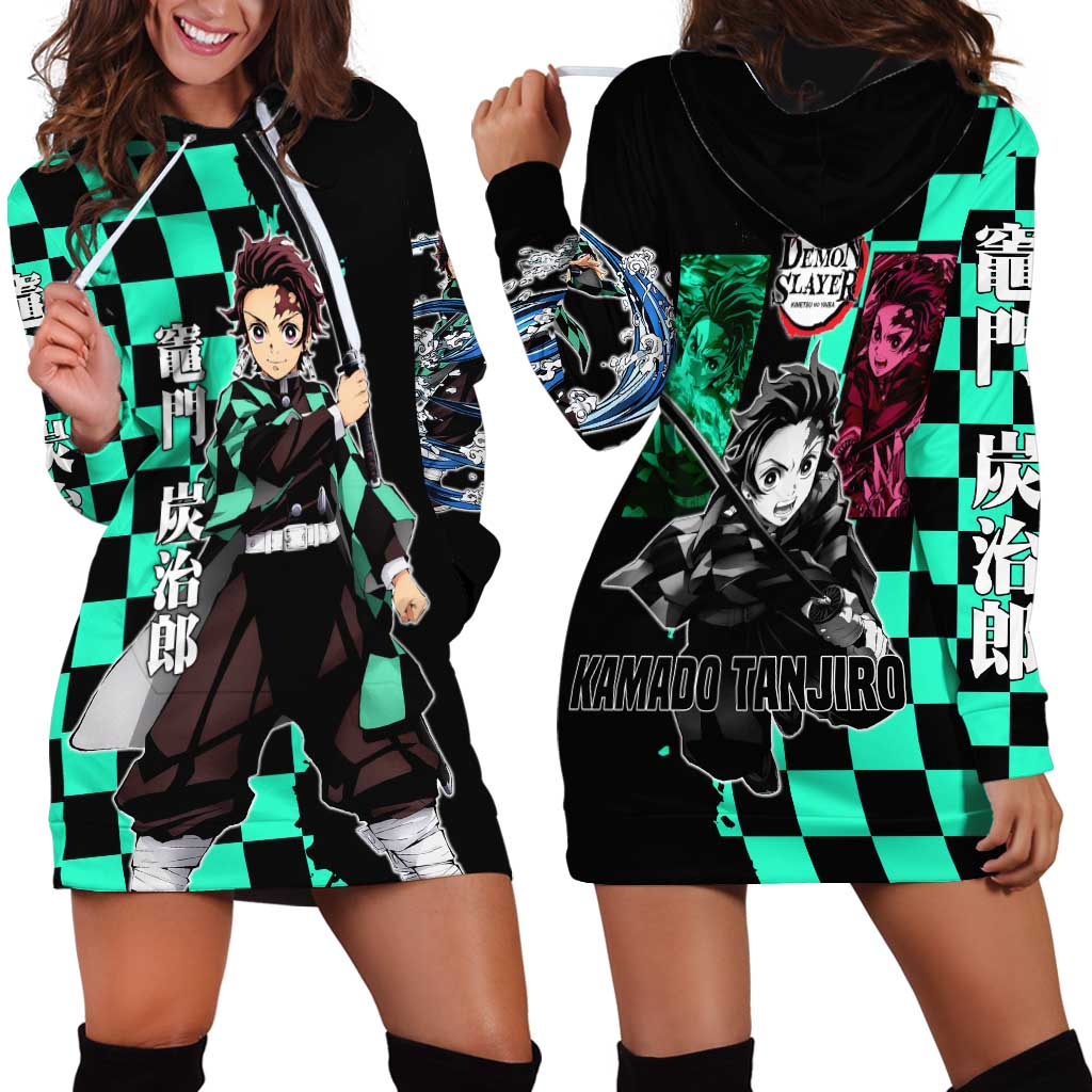 Tanjiro Kamado from Demon Slayer Hoodie Dress with Green Black Checkered Pattern and Water Breathing Sword Pose Design - The Mazicc