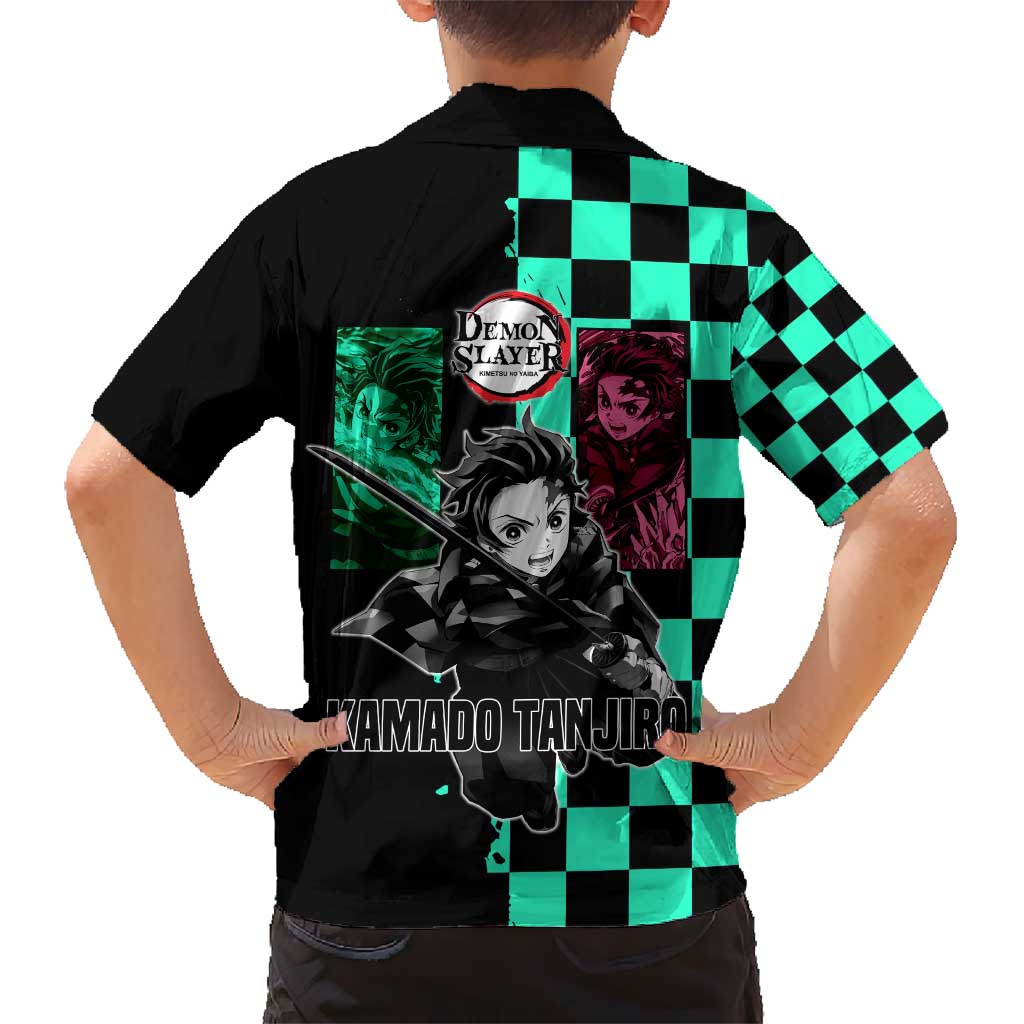 Tanjiro Kamado from Demon Slayer Kid Hawaiian Shirt with Green Black Checkered Pattern and Water Breathing Sword Pose Design - The Mazicc