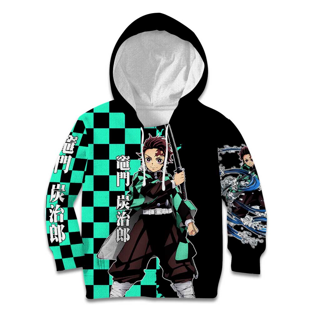 Tanjiro Kamado from Demon Slayer Kid Hoodie with Green Black Checkered Pattern and Water Breathing Sword Pose Design - The Mazicc