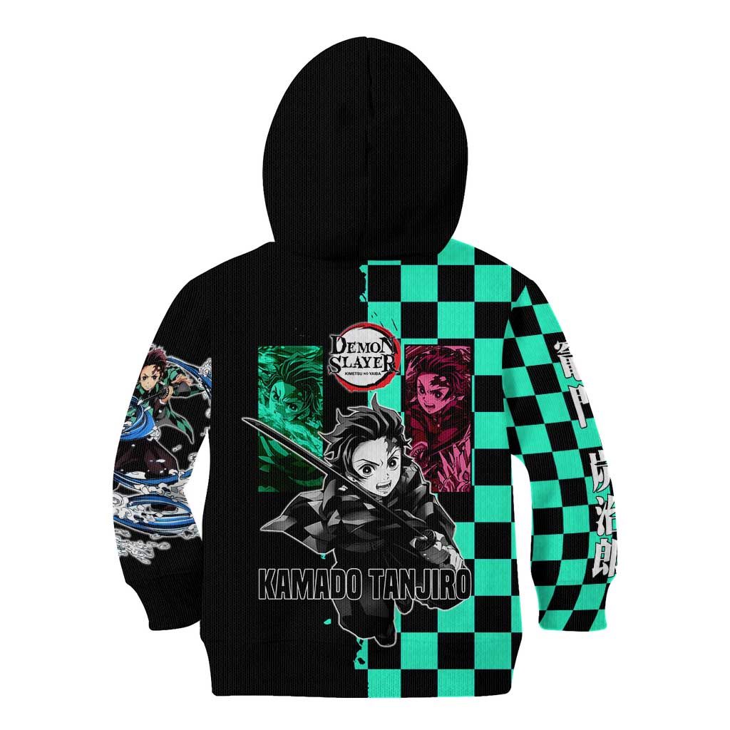Tanjiro Kamado from Demon Slayer Kid Hoodie with Green Black Checkered Pattern and Water Breathing Sword Pose Design - The Mazicc