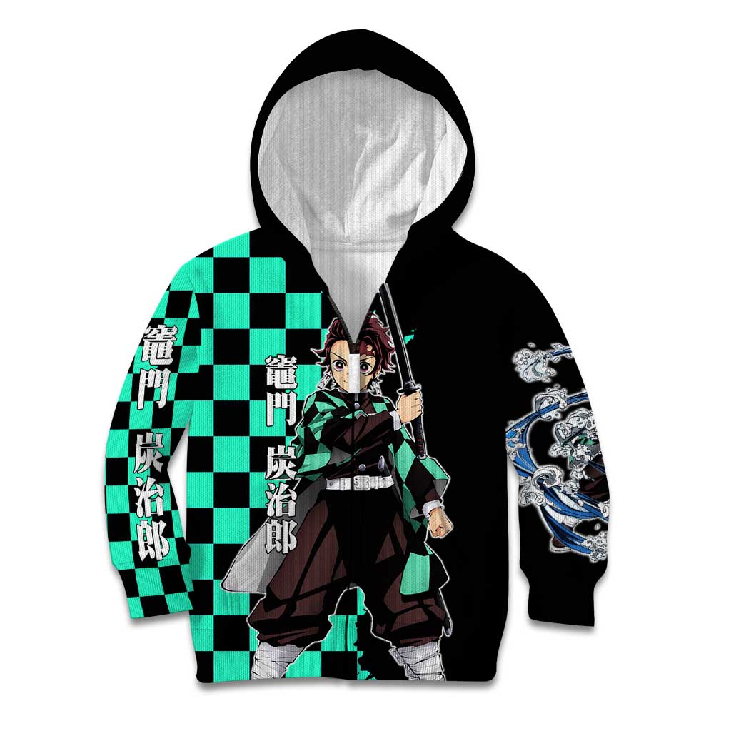 Tanjiro Kamado from Demon Slayer Kid Hoodie with Green Black Checkered Pattern and Water Breathing Sword Pose Design - The Mazicc