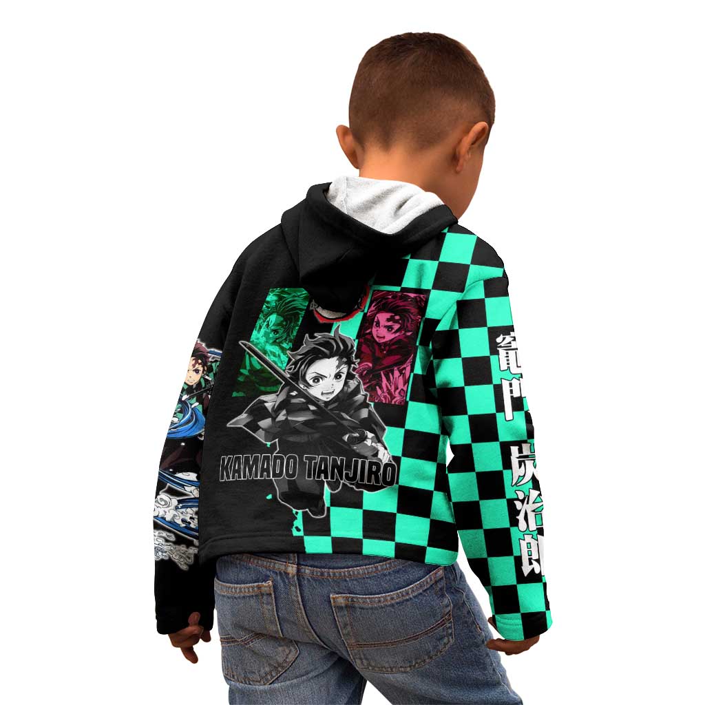 Tanjiro Kamado from Demon Slayer Kid Hoodie with Green Black Checkered Pattern and Water Breathing Sword Pose Design - The Mazicc