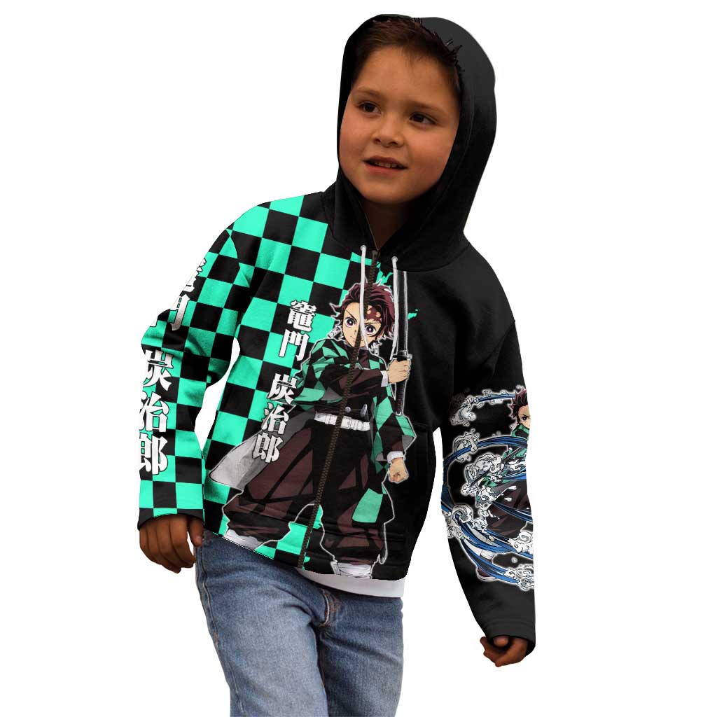 Tanjiro Kamado from Demon Slayer Kid Hoodie with Green Black Checkered Pattern and Water Breathing Sword Pose Design - The Mazicc