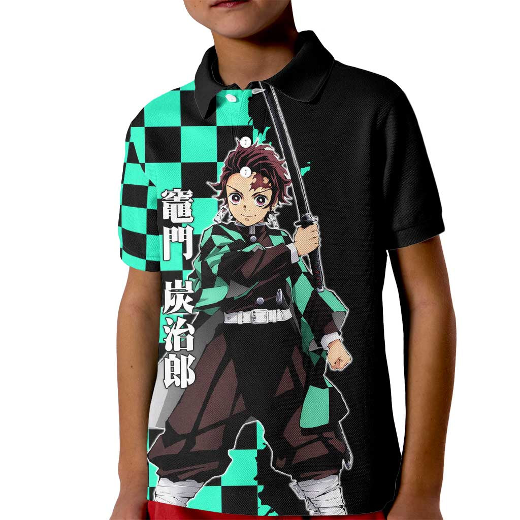Tanjiro Kamado from Demon Slayer Kid Polo Shirt with Green Black Checkered Pattern and Water Breathing Sword Pose Design - The Mazicc