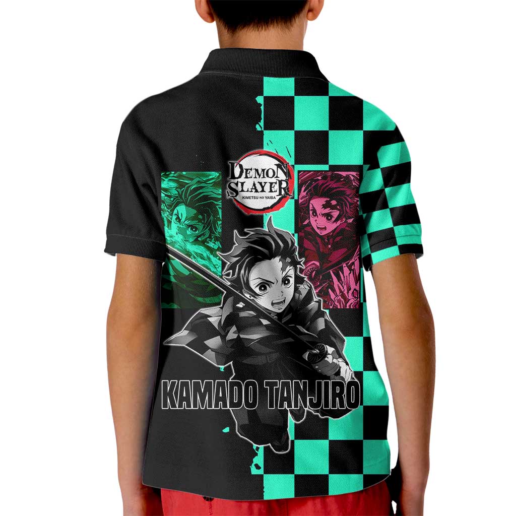 Tanjiro Kamado from Demon Slayer Kid Polo Shirt with Green Black Checkered Pattern and Water Breathing Sword Pose Design - The Mazicc