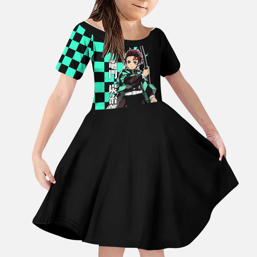 Tanjiro Kamado from Demon Slayer Kid Short Sleeve Dress with Green Black Checkered Pattern and Water Breathing Sword Pose Design - The Mazicc