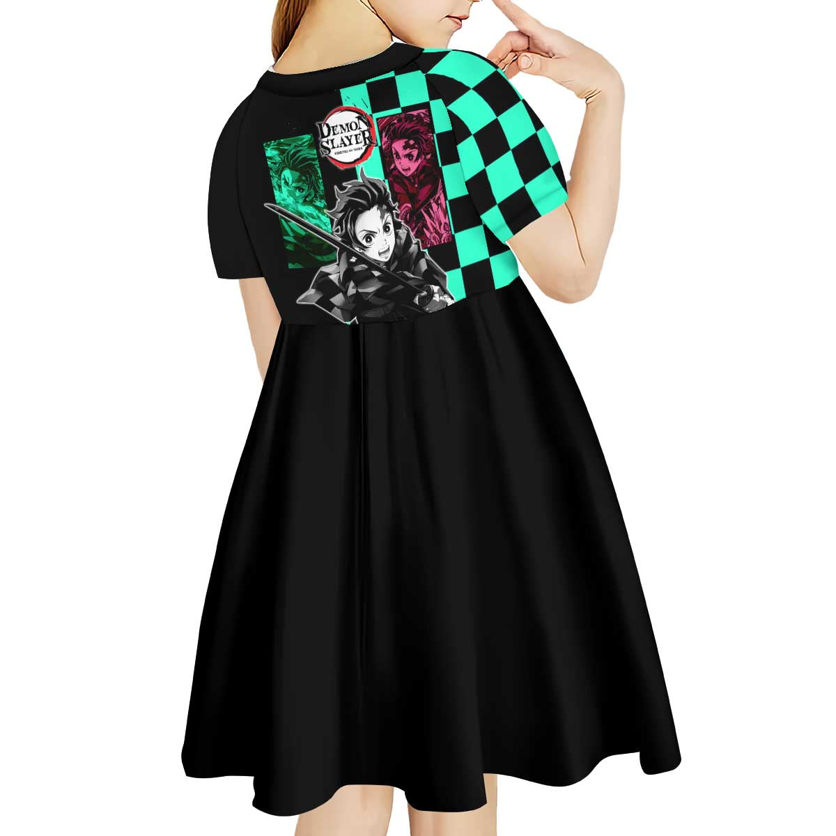 Tanjiro Kamado from Demon Slayer Kid Short Sleeve Dress with Green Black Checkered Pattern and Water Breathing Sword Pose Design - The Mazicc
