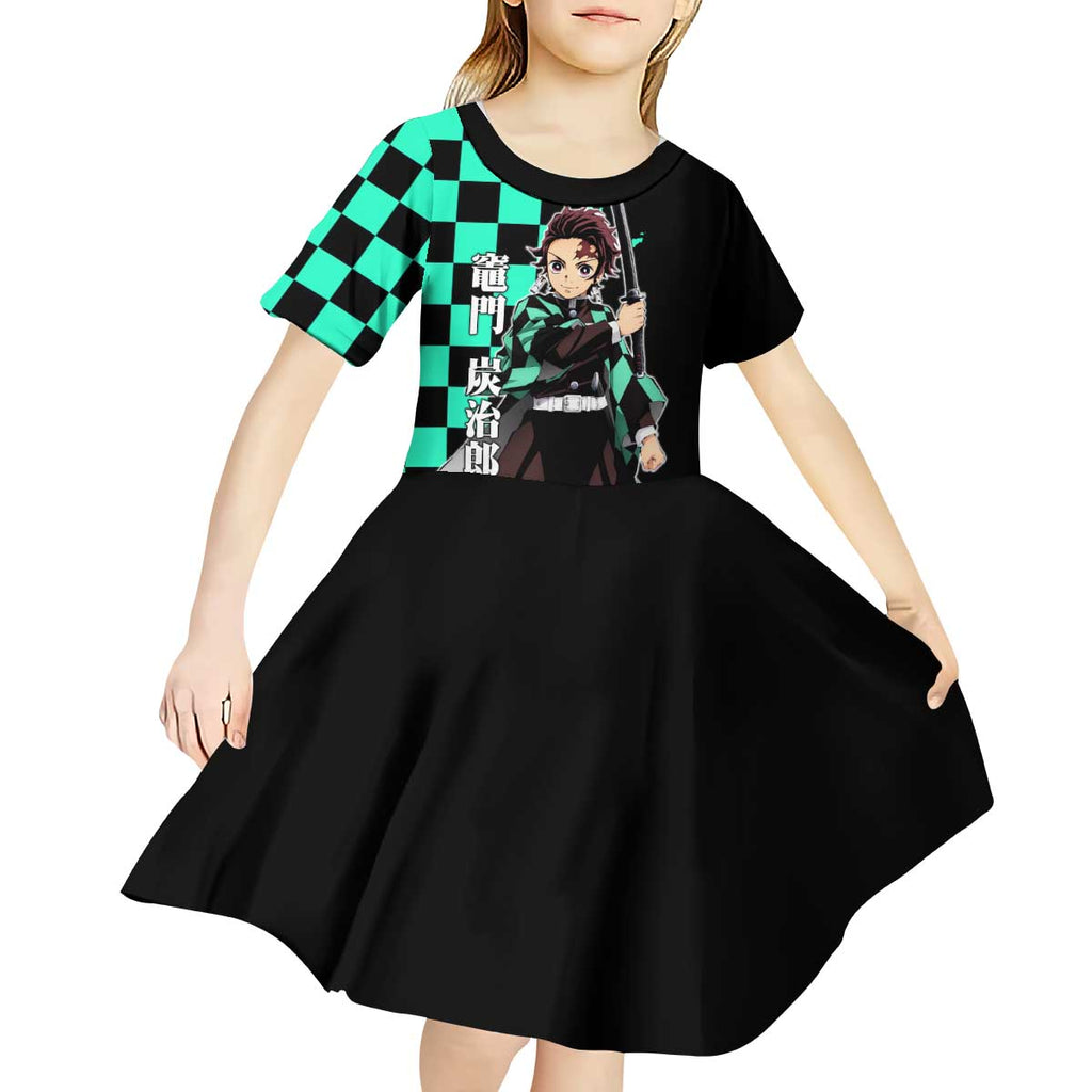 Tanjiro Kamado from Demon Slayer Kid Short Sleeve Dress with Green Black Checkered Pattern and Water Breathing Sword Pose Design - The Mazicc