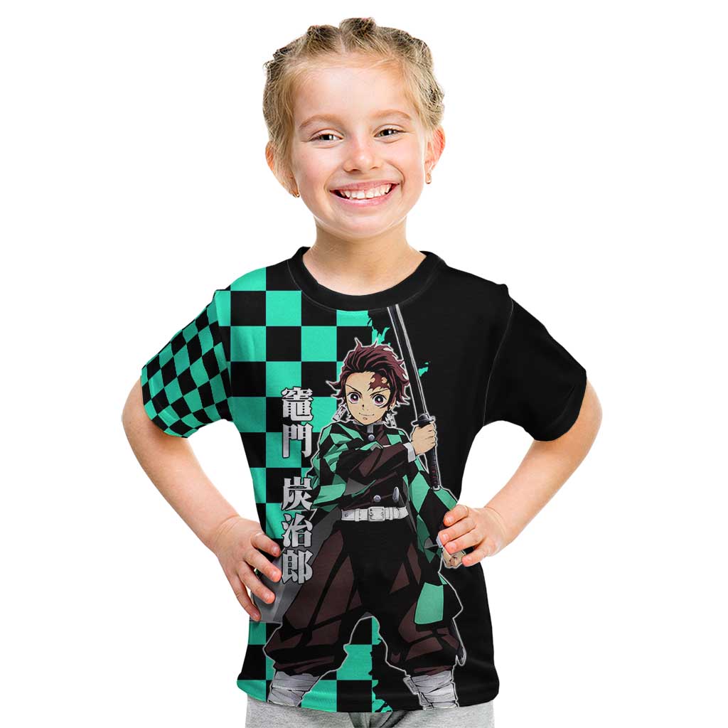 Tanjiro Kamado from Demon Slayer Kid T Shirt with Green Black Checkered Pattern and Water Breathing Sword Pose Design - The Mazicc