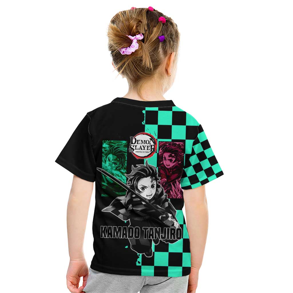 Tanjiro Kamado from Demon Slayer Kid T Shirt with Green Black Checkered Pattern and Water Breathing Sword Pose Design - The Mazicc