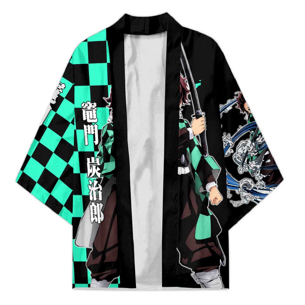 Tanjiro Kamado from Demon Slayer Kimono with Green Black Checkered Pattern and Water Breathing Sword Pose Design - The Mazicc