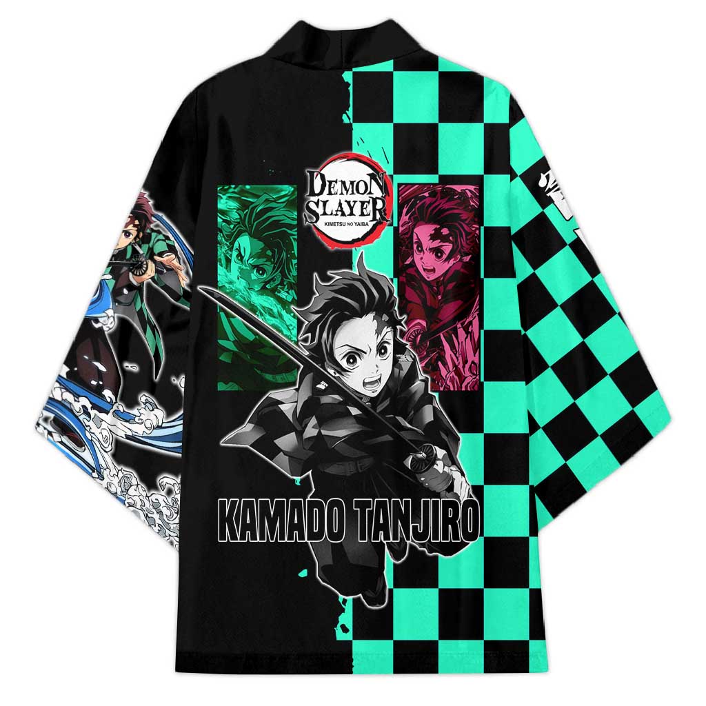 Tanjiro Kamado from Demon Slayer Kimono with Green Black Checkered Pattern and Water Breathing Sword Pose Design - The Mazicc