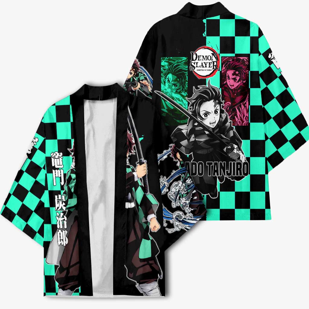 Tanjiro Kamado from Demon Slayer Kimono with Green Black Checkered Pattern and Water Breathing Sword Pose Design - The Mazicc