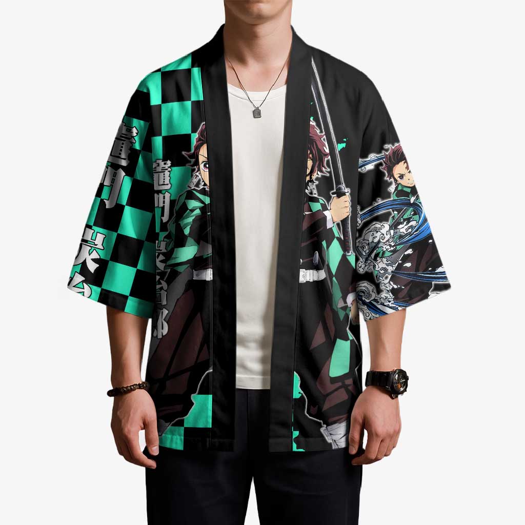Tanjiro Kamado from Demon Slayer Kimono with Green Black Checkered Pattern and Water Breathing Sword Pose Design - The Mazicc