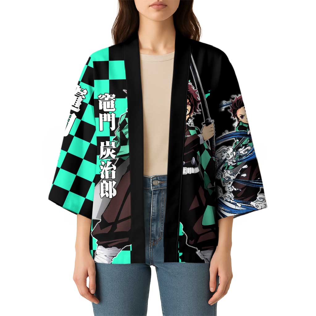 Tanjiro Kamado from Demon Slayer Kimono with Green Black Checkered Pattern and Water Breathing Sword Pose Design - The Mazicc
