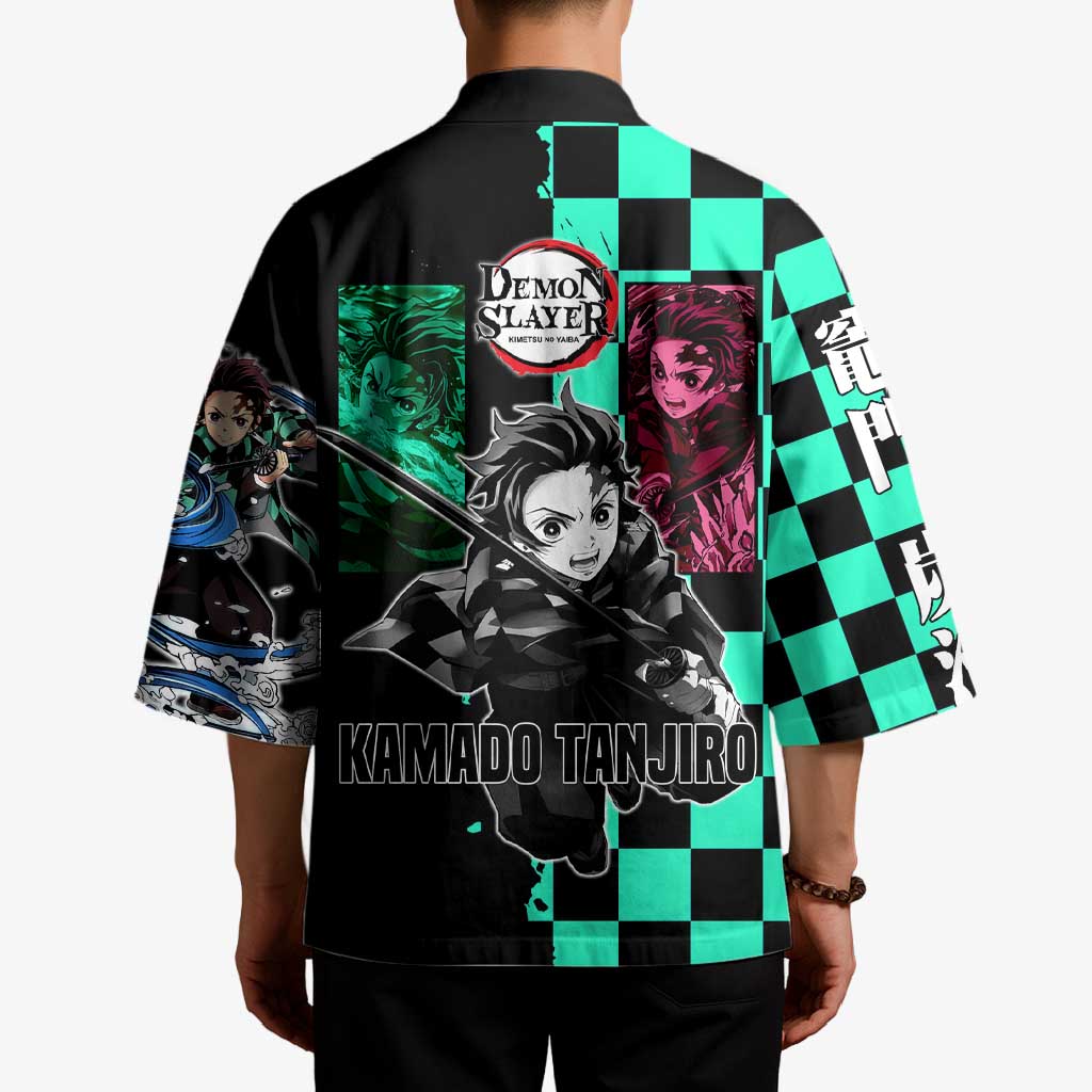 Tanjiro Kamado from Demon Slayer Kimono with Green Black Checkered Pattern and Water Breathing Sword Pose Design - The Mazicc