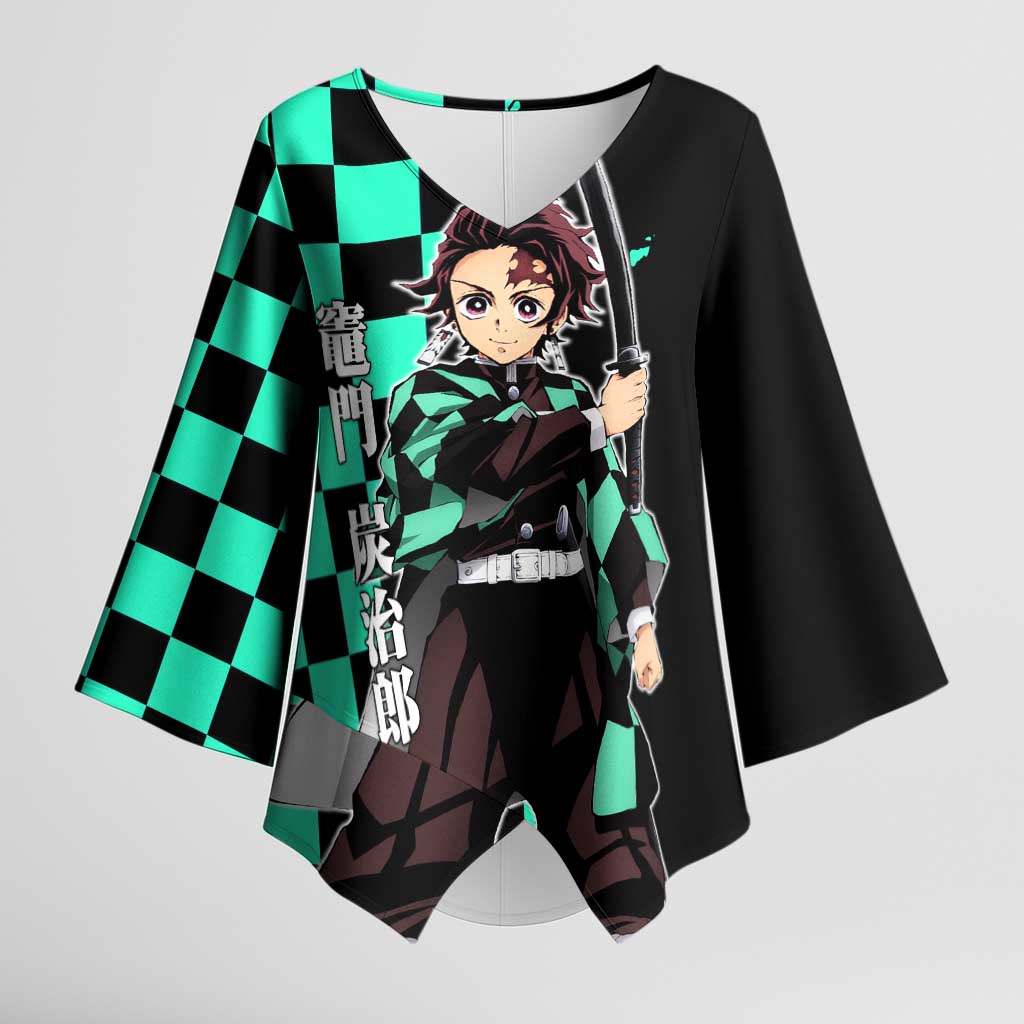 Tanjiro Kamado from Demon Slayer Kimono Sleeve Blouse with Green Black Checkered Pattern and Water Breathing Sword Pose Design - The Mazicc