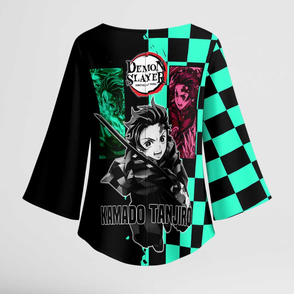 Tanjiro Kamado from Demon Slayer Kimono Sleeve Blouse with Green Black Checkered Pattern and Water Breathing Sword Pose Design - The Mazicc