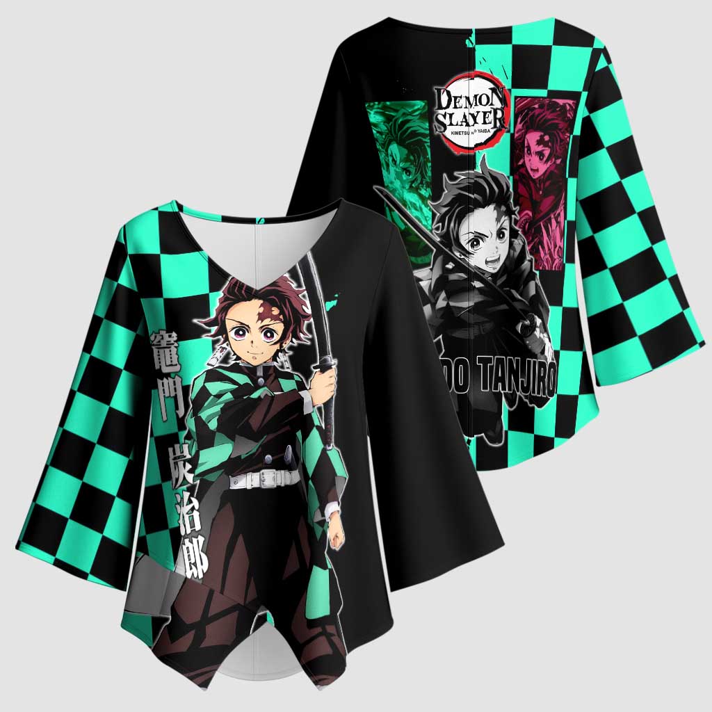 Tanjiro Kamado from Demon Slayer Kimono Sleeve Blouse with Green Black Checkered Pattern and Water Breathing Sword Pose Design - The Mazicc