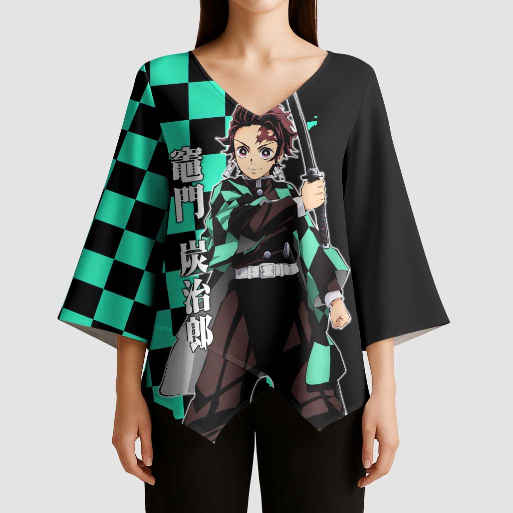 Tanjiro Kamado from Demon Slayer Kimono Sleeve Blouse with Green Black Checkered Pattern and Water Breathing Sword Pose Design - The Mazicc