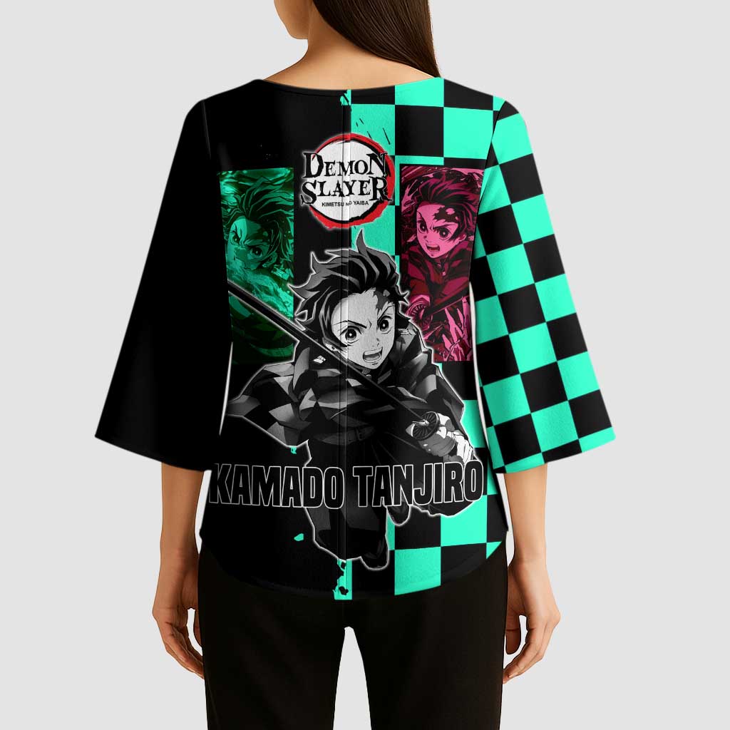 Tanjiro Kamado from Demon Slayer Kimono Sleeve Blouse with Green Black Checkered Pattern and Water Breathing Sword Pose Design - The Mazicc