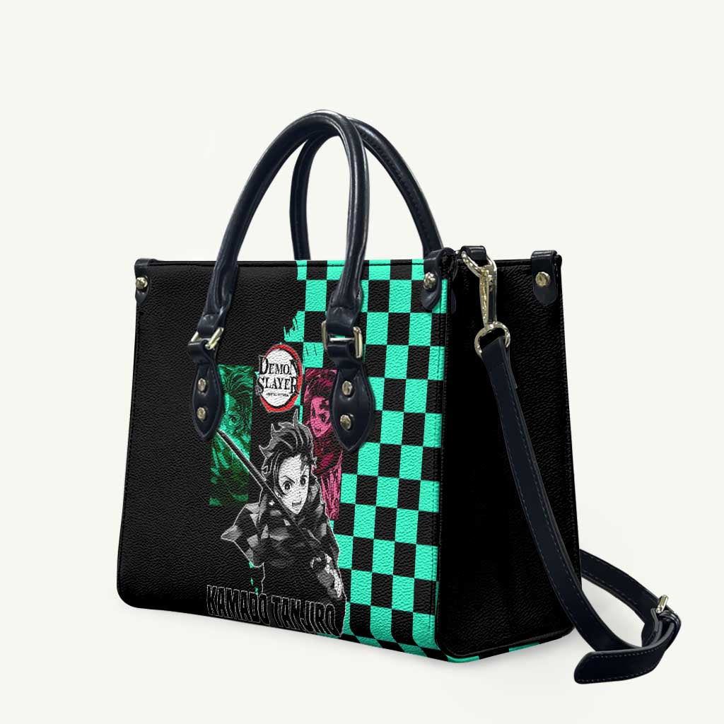 Tanjiro Kamado from Demon Slayer Leather Bag with Green Black Checkered Pattern and Water Breathing Sword Pose Design - The Mazicc