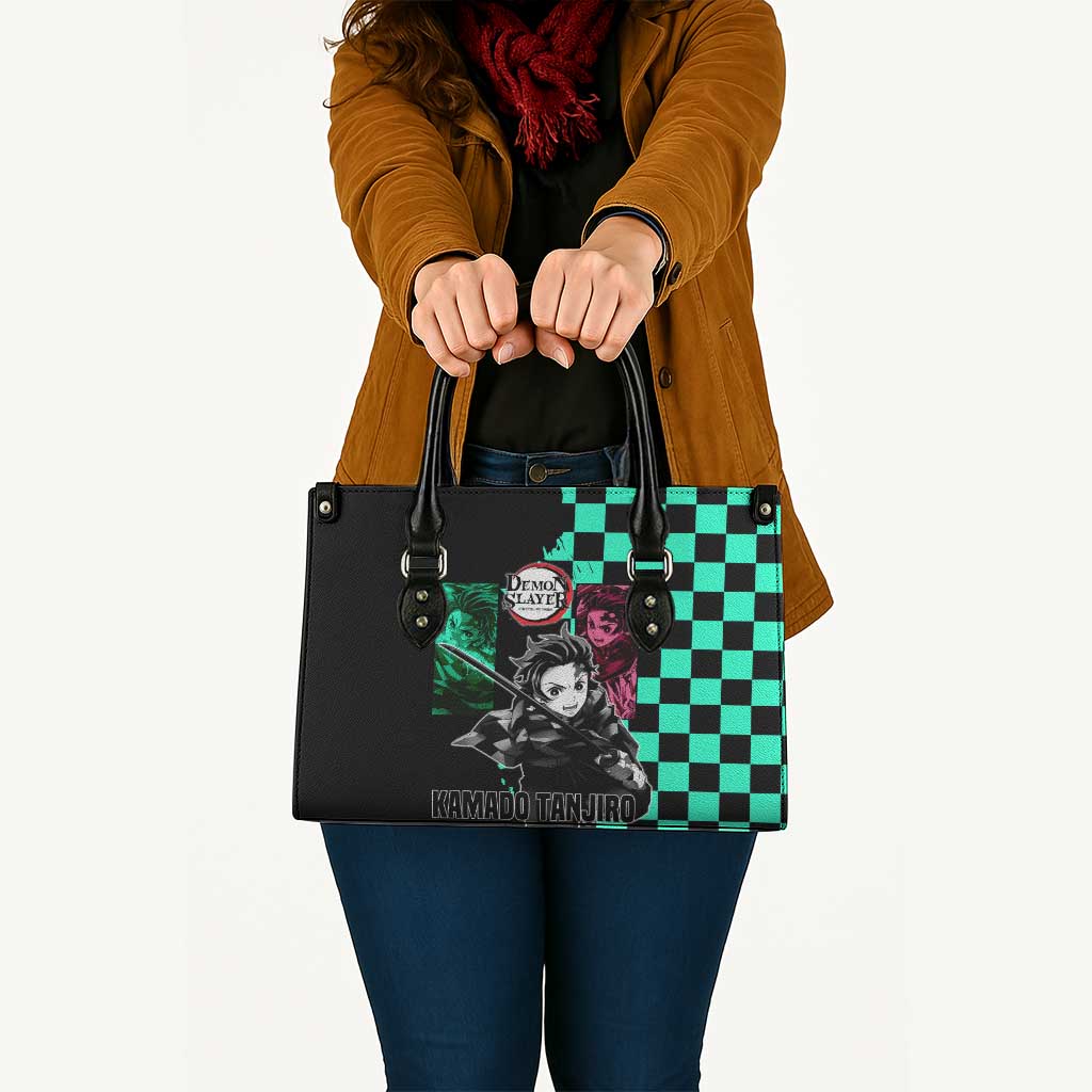 Tanjiro Kamado from Demon Slayer Leather Bag with Green Black Checkered Pattern and Water Breathing Sword Pose Design - The Mazicc