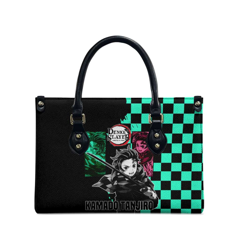 Tanjiro Kamado from Demon Slayer Leather Bag with Green Black Checkered Pattern and Water Breathing Sword Pose Design - The Mazicc