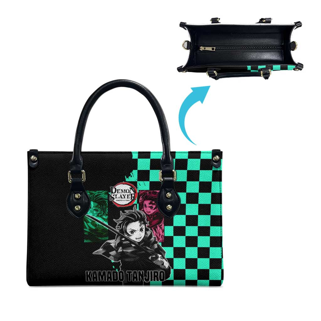 Tanjiro Kamado from Demon Slayer Leather Bag with Green Black Checkered Pattern and Water Breathing Sword Pose Design - The Mazicc