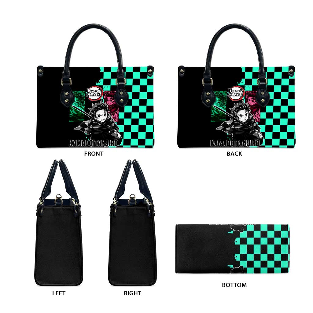 Tanjiro Kamado from Demon Slayer Leather Bag with Green Black Checkered Pattern and Water Breathing Sword Pose Design - The Mazicc