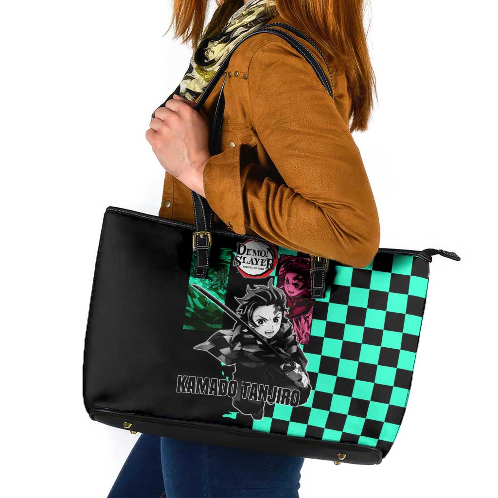 Tanjiro Kamado from Demon Slayer Leather Tote Bag with Green Black Checkered Pattern and Water Breathing Sword Pose Design - The Mazicc