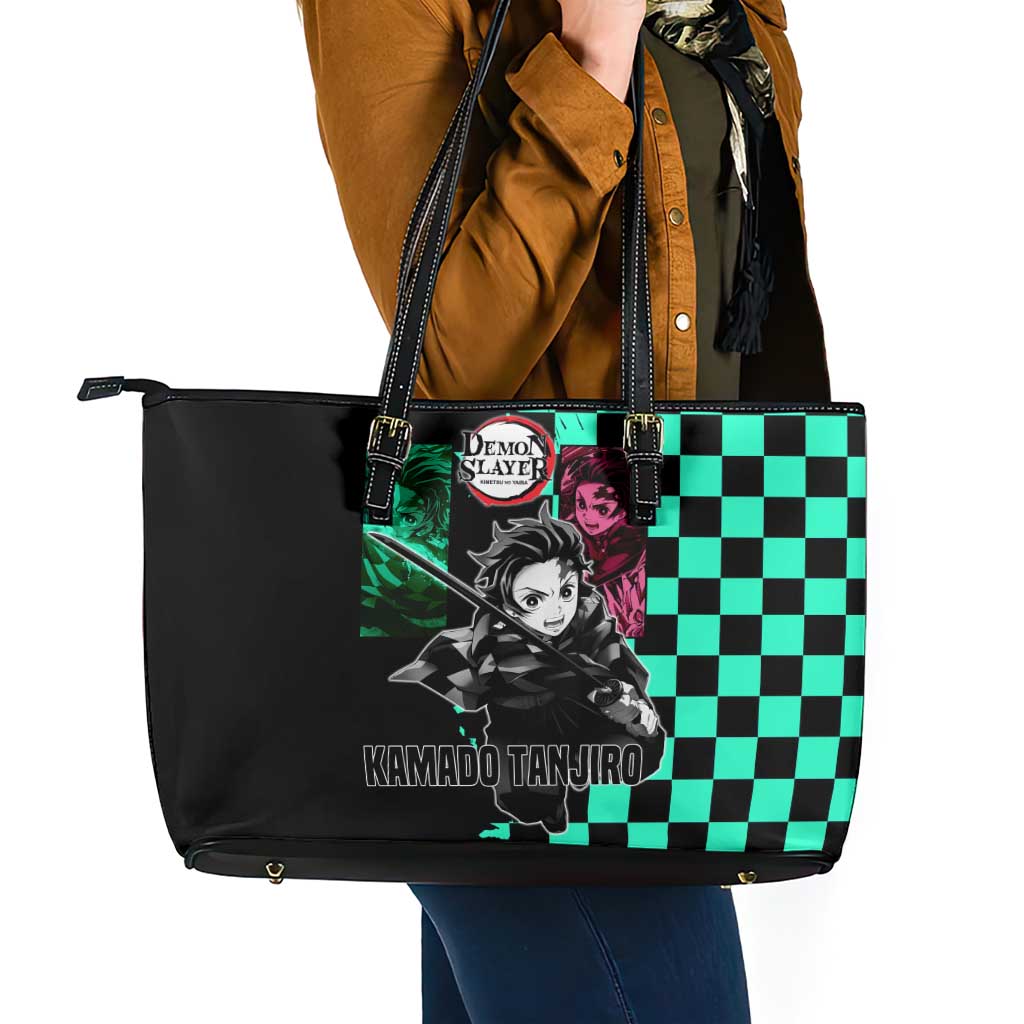 Tanjiro Kamado from Demon Slayer Leather Tote Bag with Green Black Checkered Pattern and Water Breathing Sword Pose Design - The Mazicc