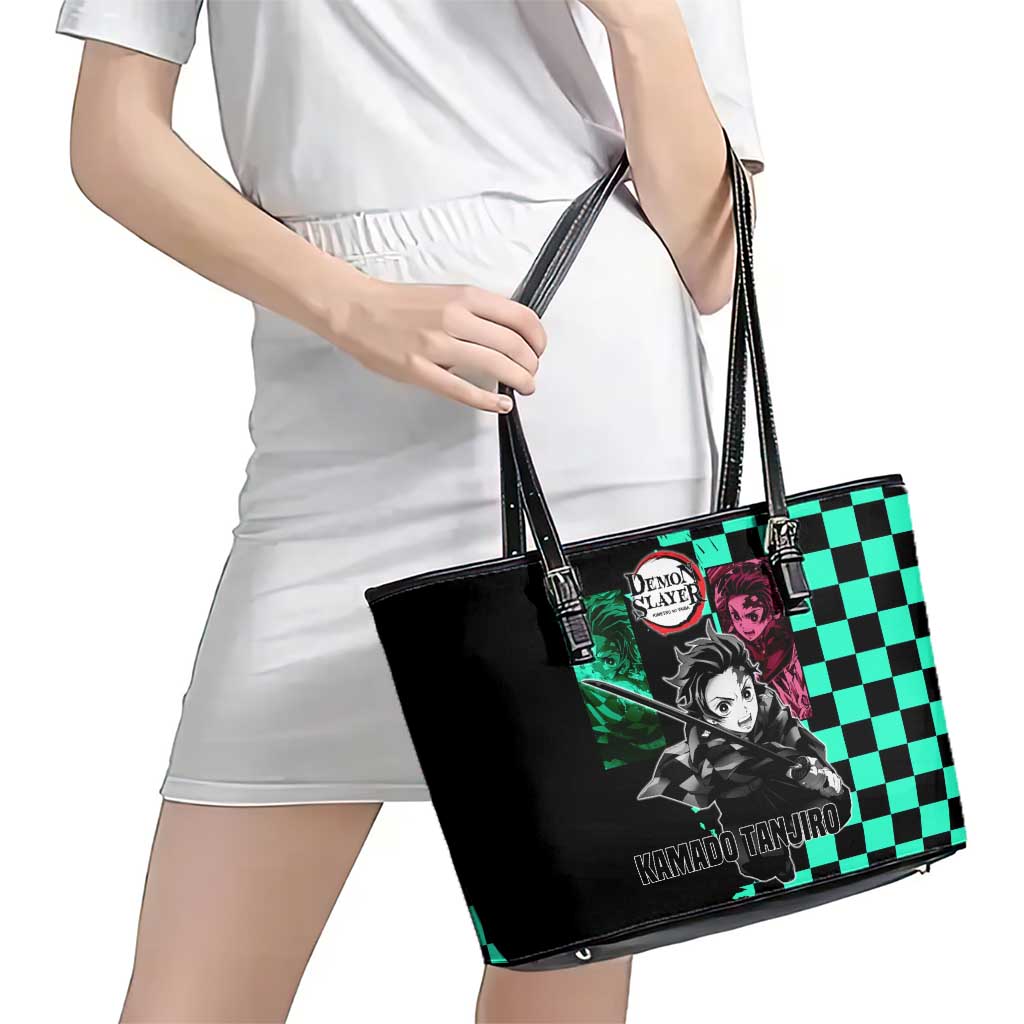 Tanjiro Kamado from Demon Slayer Leather Tote Bag with Green Black Checkered Pattern and Water Breathing Sword Pose Design - The Mazicc