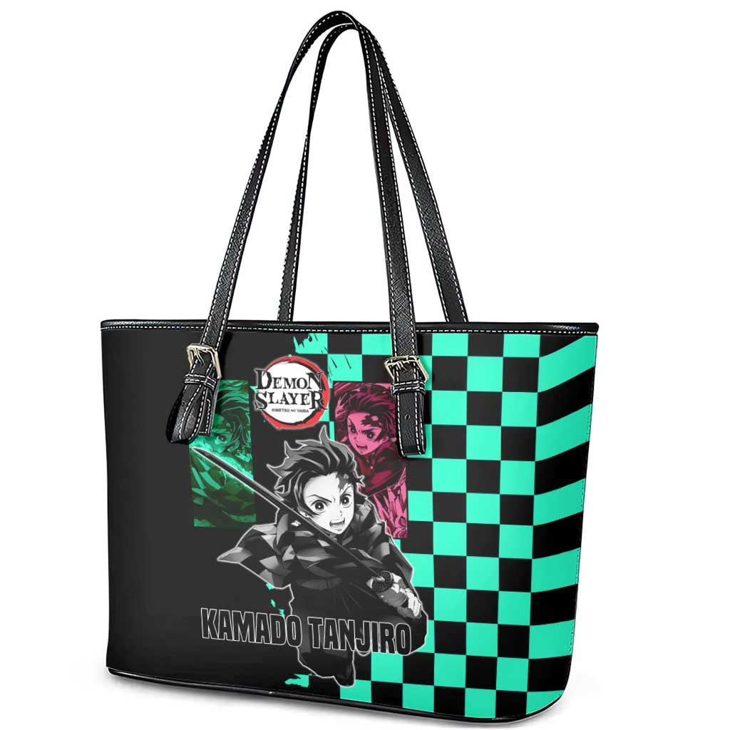 Tanjiro Kamado from Demon Slayer Leather Tote Bag with Green Black Checkered Pattern and Water Breathing Sword Pose Design - The Mazicc