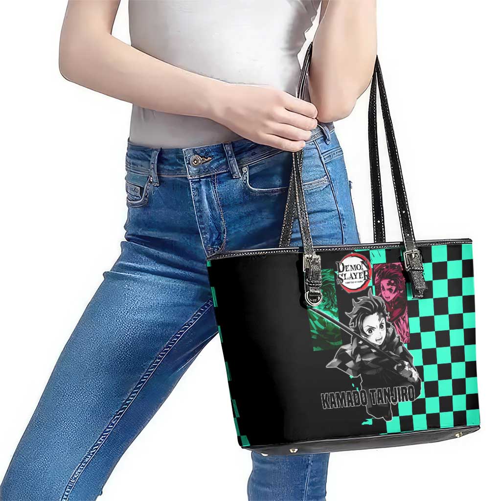 Tanjiro Kamado from Demon Slayer Leather Tote Bag with Green Black Checkered Pattern and Water Breathing Sword Pose Design - The Mazicc
