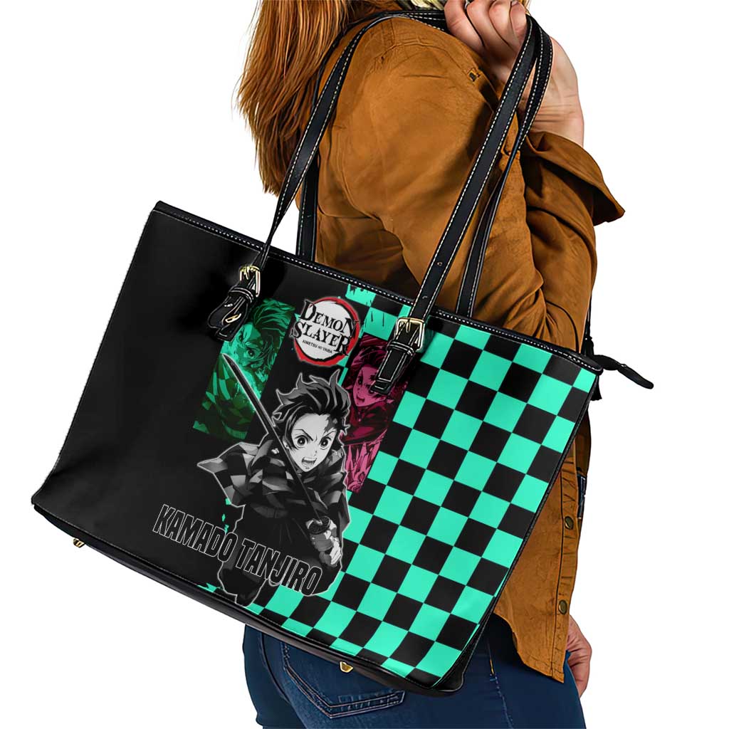 Tanjiro Kamado from Demon Slayer Leather Tote Bag with Green Black Checkered Pattern and Water Breathing Sword Pose Design - The Mazicc